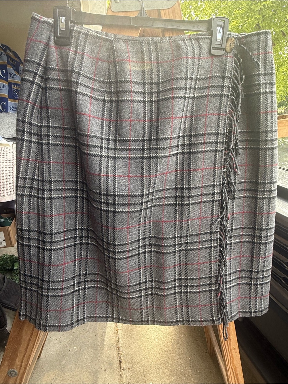 Sag Harbor Gray Plaid Pencil Skirt with Red Accents and Fringe